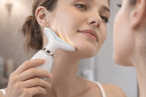 Woman gliding GlowLift EMS device upward along neck and jawline